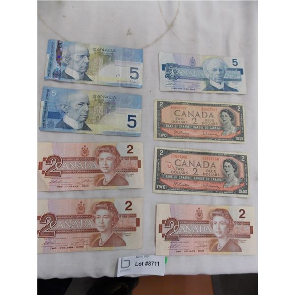 (5) $2 bills + (3) $5 bills