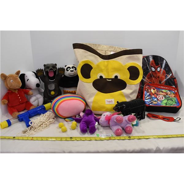 Hamper w/ Plush Toys, Spiderman Bag & Misc.