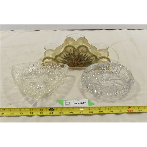 Glass Holder & 2 Cut Glass Trays