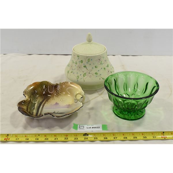 2 Glass Serving Bowls & Handmade Jar