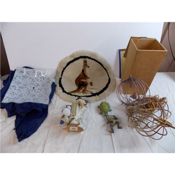 Wool stitched souvenier, bird ornament thermometer, misc household