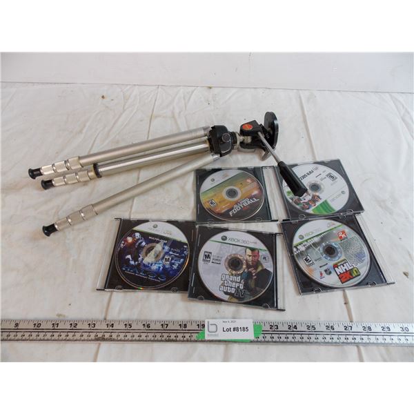 vintage tripod + xbox 360 games