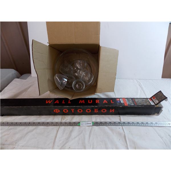 *wall mural (stone looking wall paper) + punch bowl with 7 cups