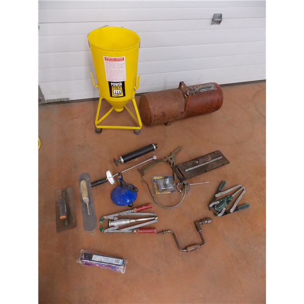 Powerfist sandblast wheeled bucket filled with tools, and old air tank