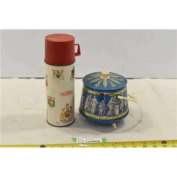 Vintage Thermos & Decorative Tin
