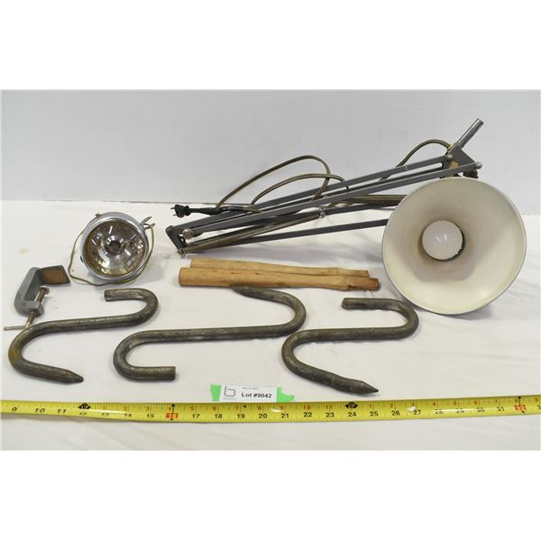 *Desk Clamp Lamp, Metal Hooks, Hammer Handles & Misc.