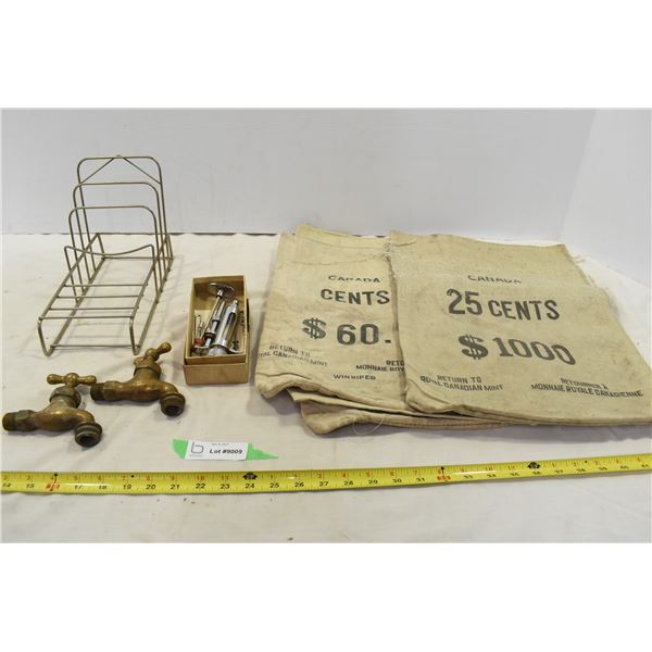 Vintage Money Bags, Metal Syringe, Brass Faucets