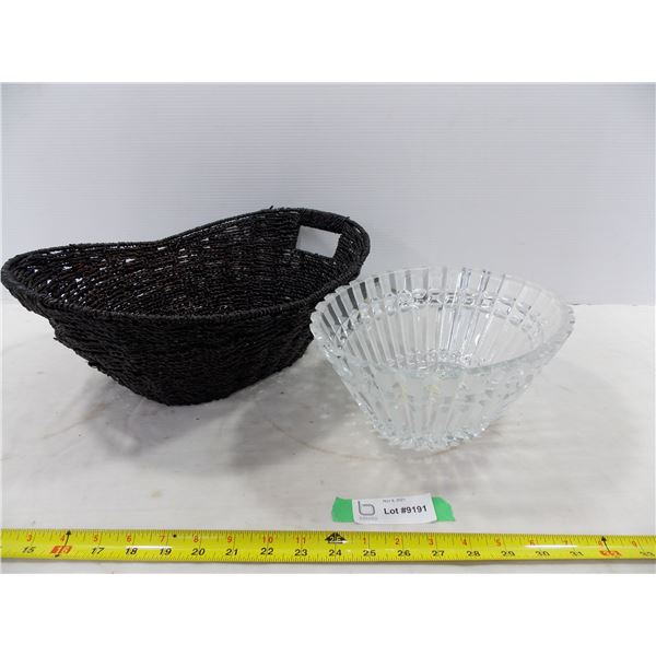 Crystal Glass Bowl and Wicker Basket