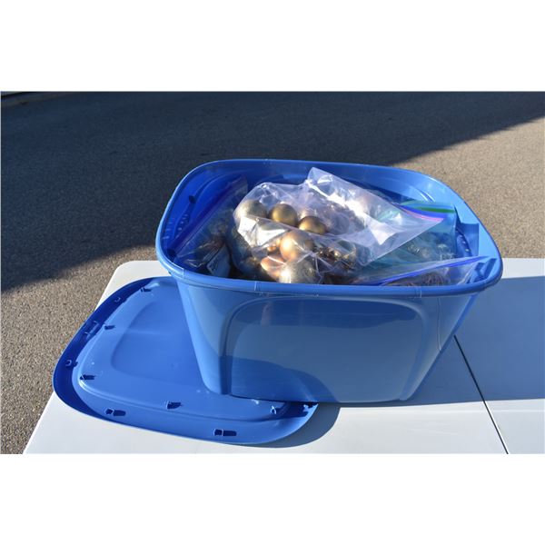 tote filled with gold christmas tree ornaments