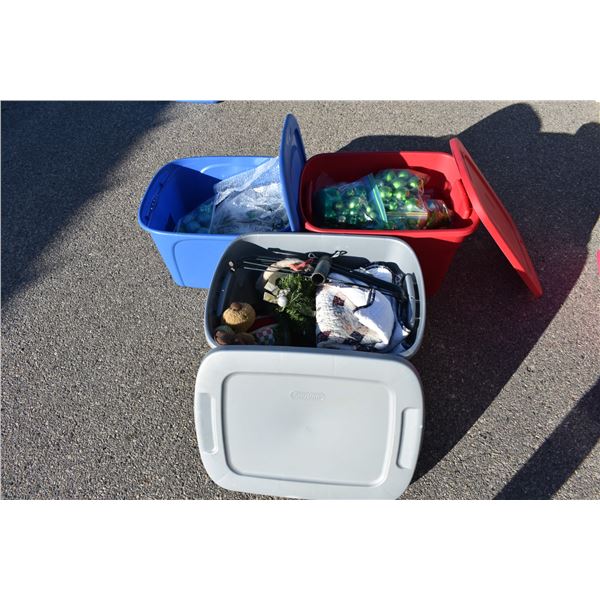 3 totes with christmas bulbs + ornaments, decorations