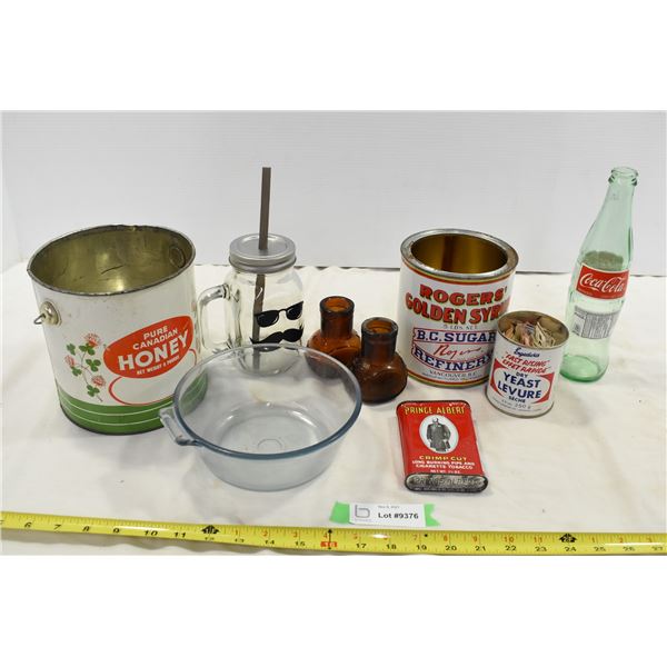 Tins, Coca Cola Bottle, Pyrex Bowl & Vintage Glass Bottles