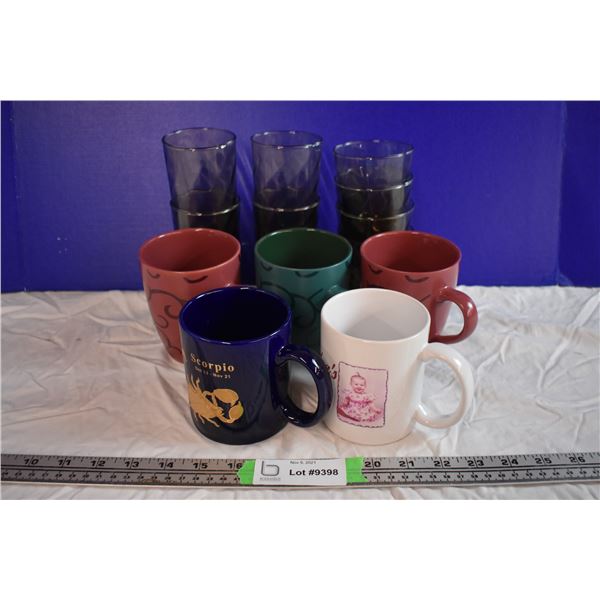 Mugs and Green Glass Cups
