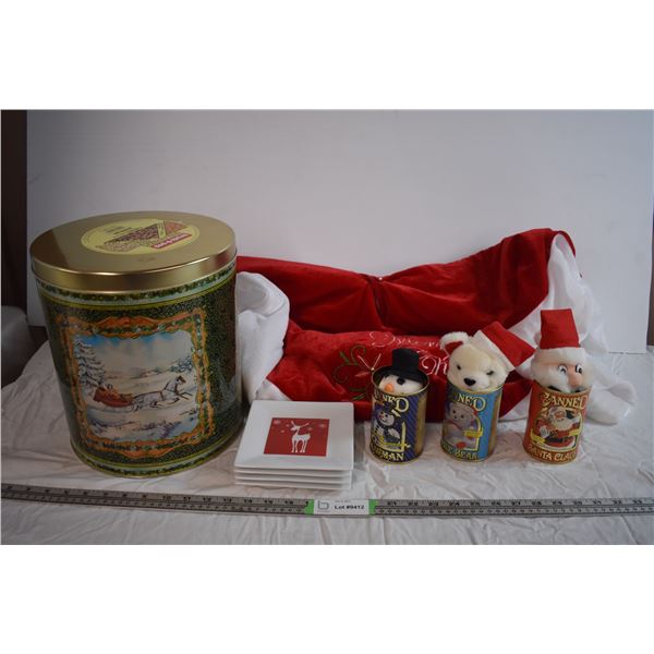 Tree Skirt and Misc Holiday Items with Tin