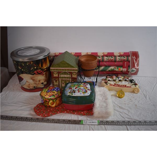 Wrapping Paper, Flower Planters, Christmas Ornament, and Tins
