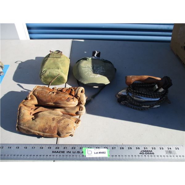 Flasks, ball glove, iron