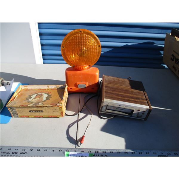 light, cigar box, 8 track player