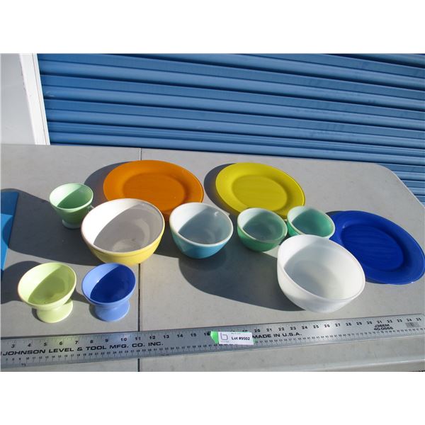 fireking, pyrex, other colored glass + ceramic bowls, cups, plates