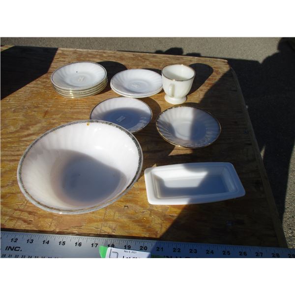 fireking milk glass, bowl, plates, misc
