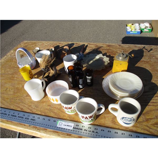 fire king plates, ornamental items, cups, misc