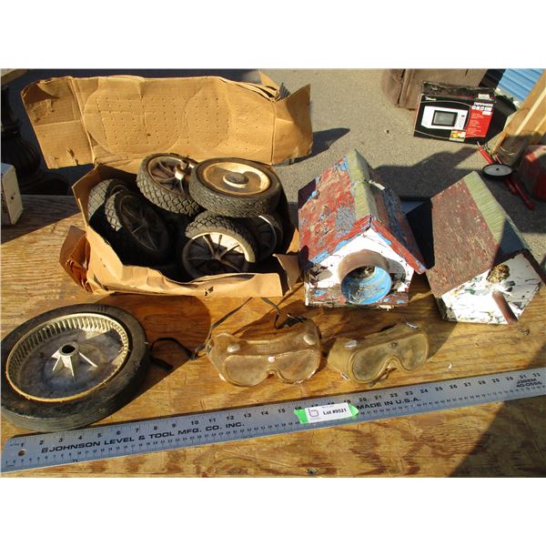 misc wheels, birdhouses