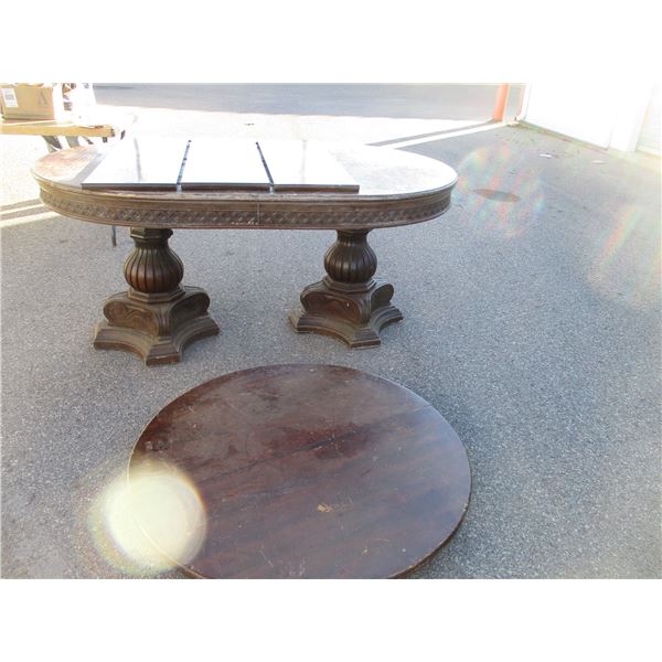 2 wooden table tops, table legs, leafs
