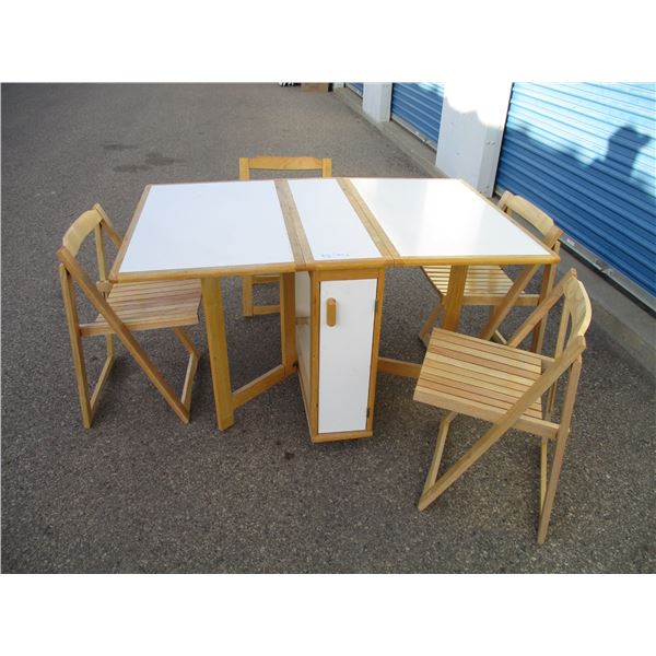 unique folding wooden table with 4 tuck-away wood chairs