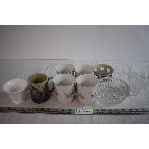 Set of (4) Mugs, Crystal Ashray and Creamer, Japan Duck Mug, and Milkglass Teacup