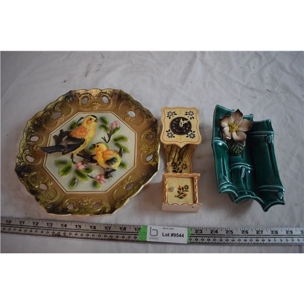 Chalkware Wall Hanging Dish, Ceramic Soap Dish, and Made in Germany Clock Toy