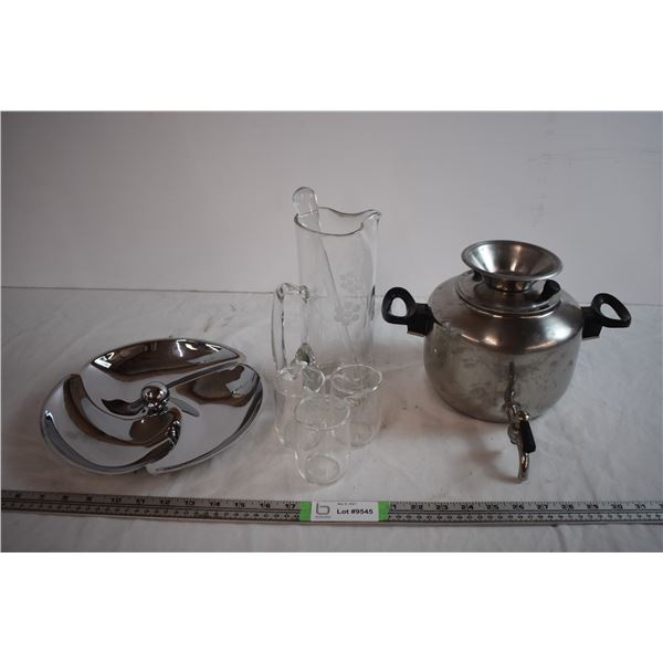 Metal Water Dispenser, Glass Pitcher with Stirer, Glass Cups, and Metal Serving Tray