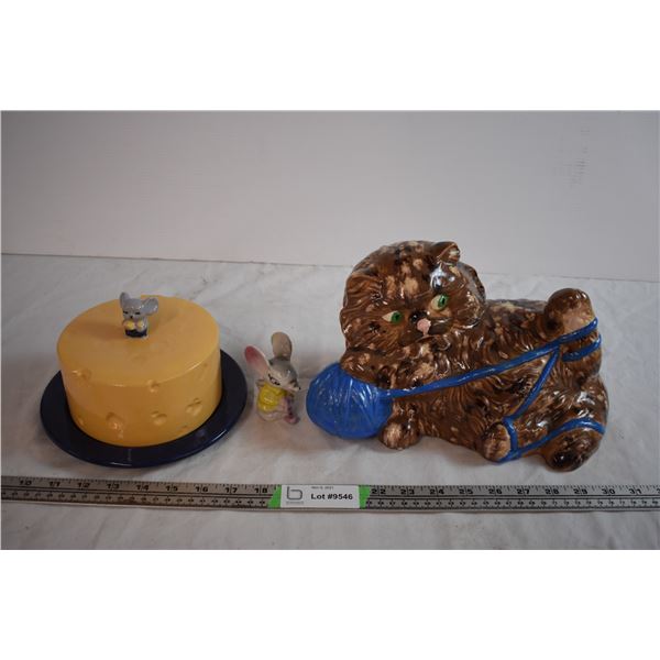 Ceramic Cheese Dish, Large Ceramic Cat, and Ceramic Mouse