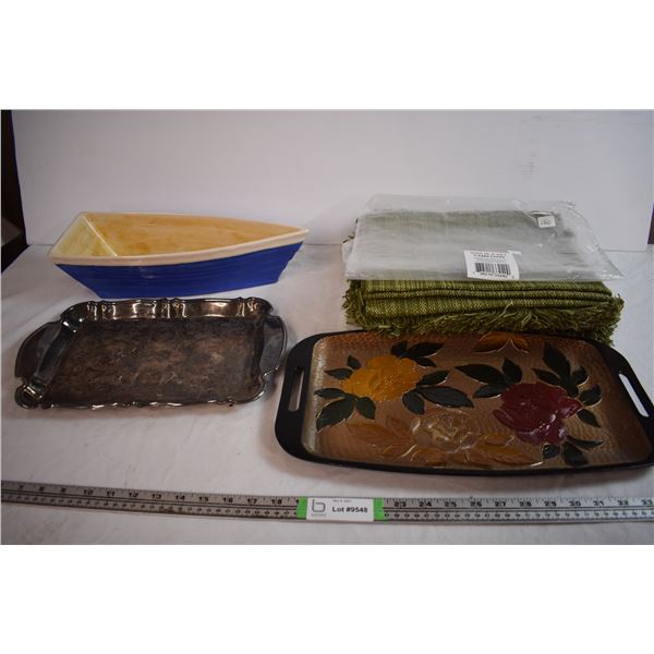 Ceramic Boat Dish, (2) Serving Trays, and Set of Green Placemats