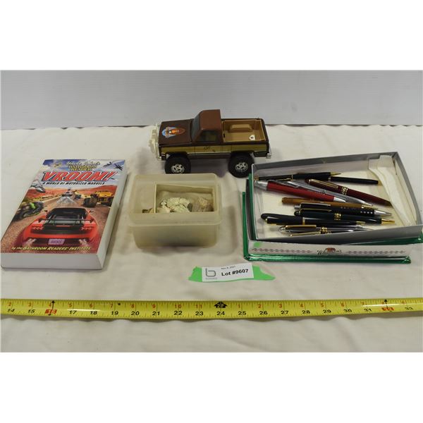 Fall Guy Truck, Fish hooks, box of pens, Vroom! Bathroom reader Book
