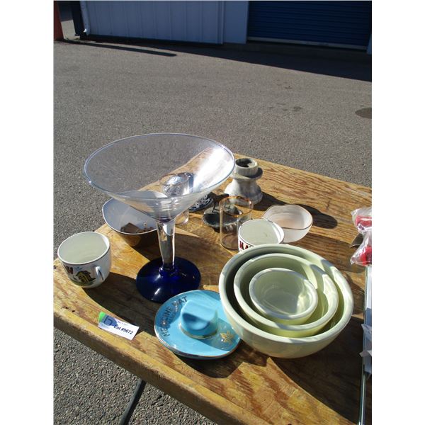 3 stacking bowl set, ashtray, hycroft hat ornament, misc