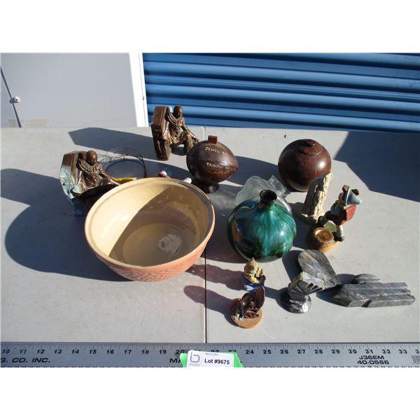 blue mountain vase, jewelery box, figures, misc