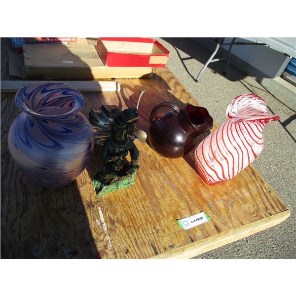 fancy glass vases, brass related, red pitcher, misc