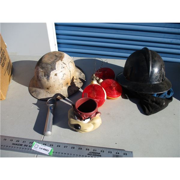 tail lights, military? plastic helmet + misc