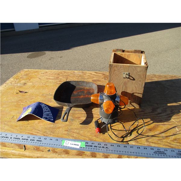 emergency light + carry case, cast iron frying pan