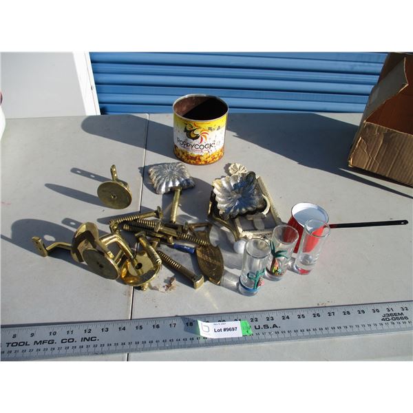 brass buckets, enamel dipper, misc