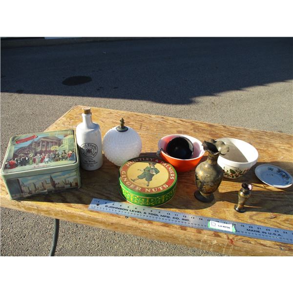 collector tins, hudson bay bottle, misc