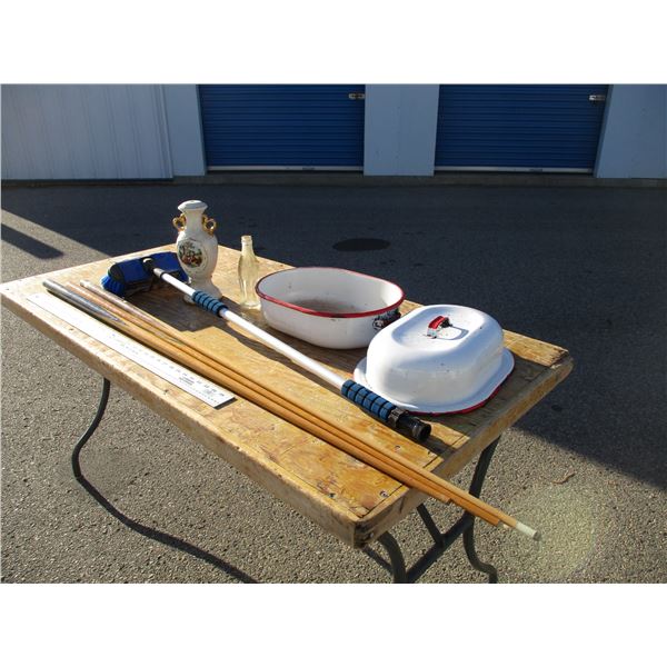 enamel roaster, pool cues, coke bottle, misc