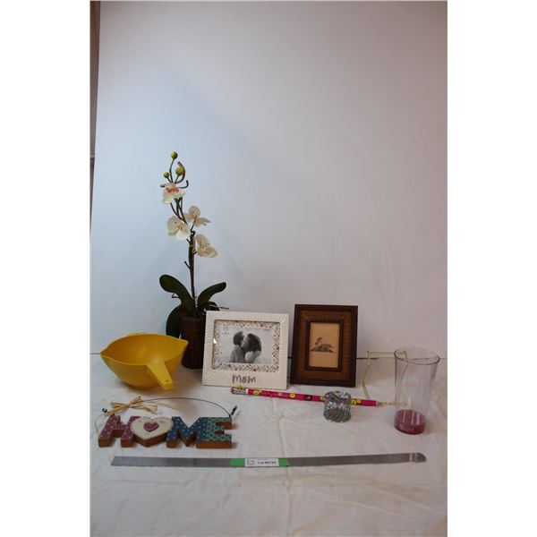 Misc. Items; plastic orchid, photo frames, strainer