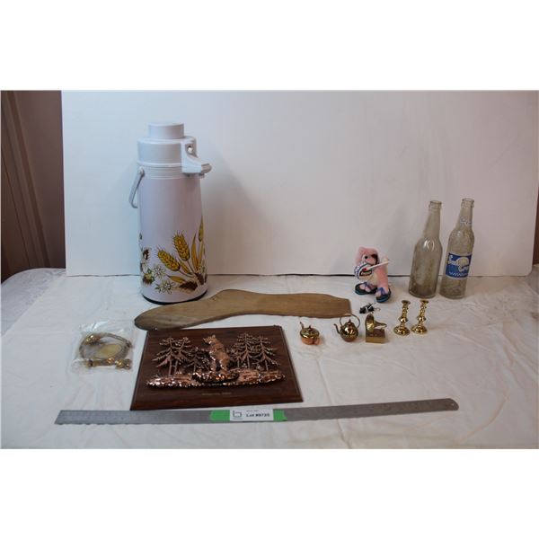 Misc. Items; Door knocker, vintage bottles, Water cooler