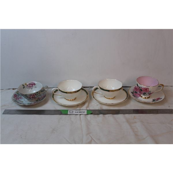 Four tea cups and saucers, one from Occupied Japan