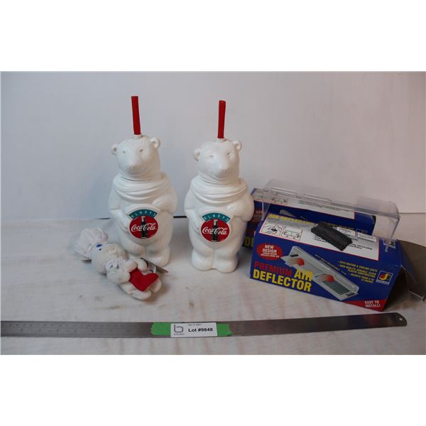 Vintage Coca Cola bear travel cups, Pillsbury dough boy, Air deflectors