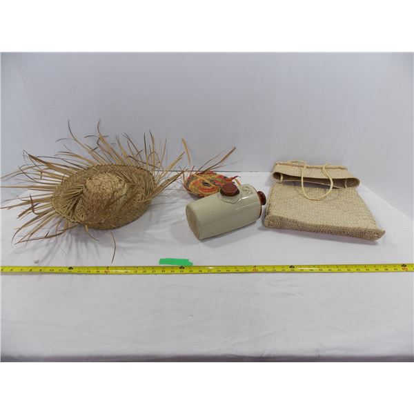 Vintage stone Foot-warmer, Woven straw hats and bag