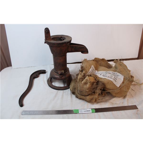 *Vintage Water pump, unfitting handle, with original burlap sack
