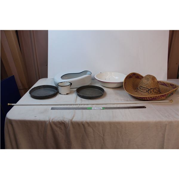 *misc. Items; Vintage bed pan, sombrero, enamal mug