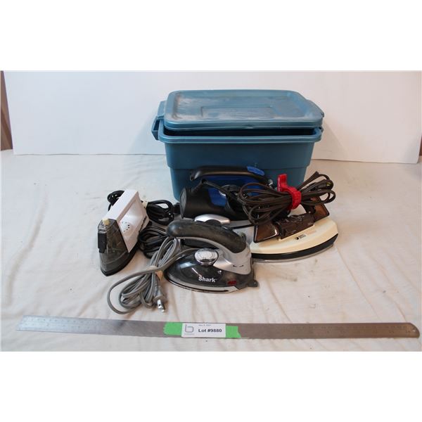 Plastic tote of small irons (untested)