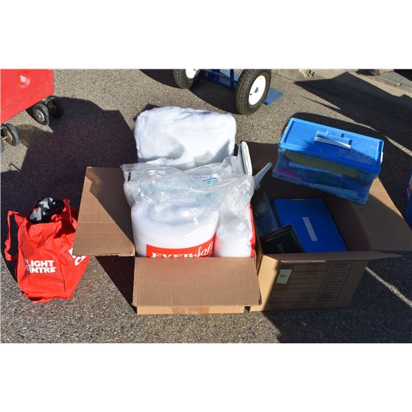 2 boxes - cotton batting + containers with fabric + sewing supplies