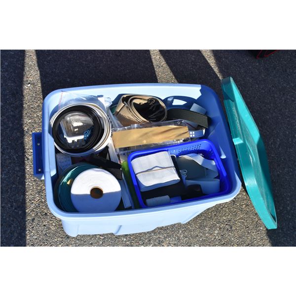 tote of sewing misc - lots of nylon suspenders/elastic type material